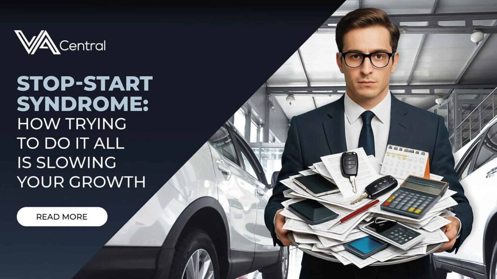 Man holding pile of paperwork and car keys in dealership with text overlay.