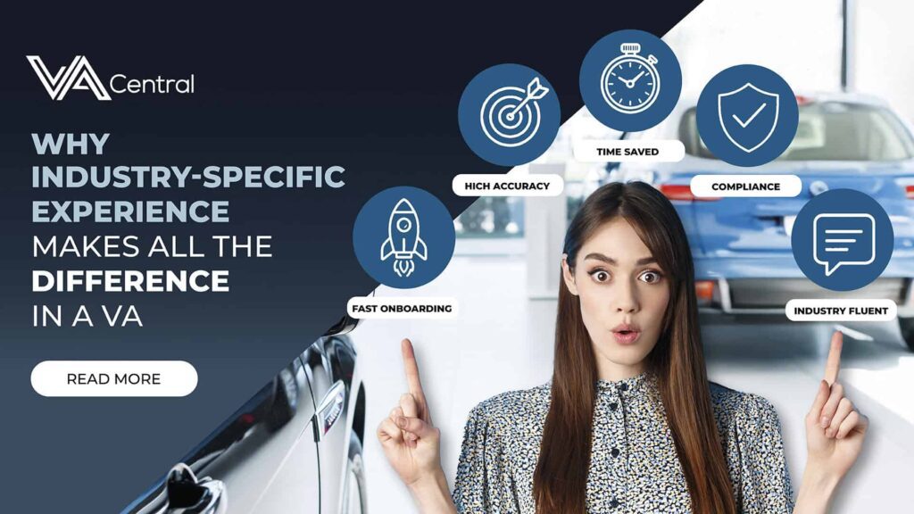 Young woman pointing at icons in VA Central industry-specific experience graphic.