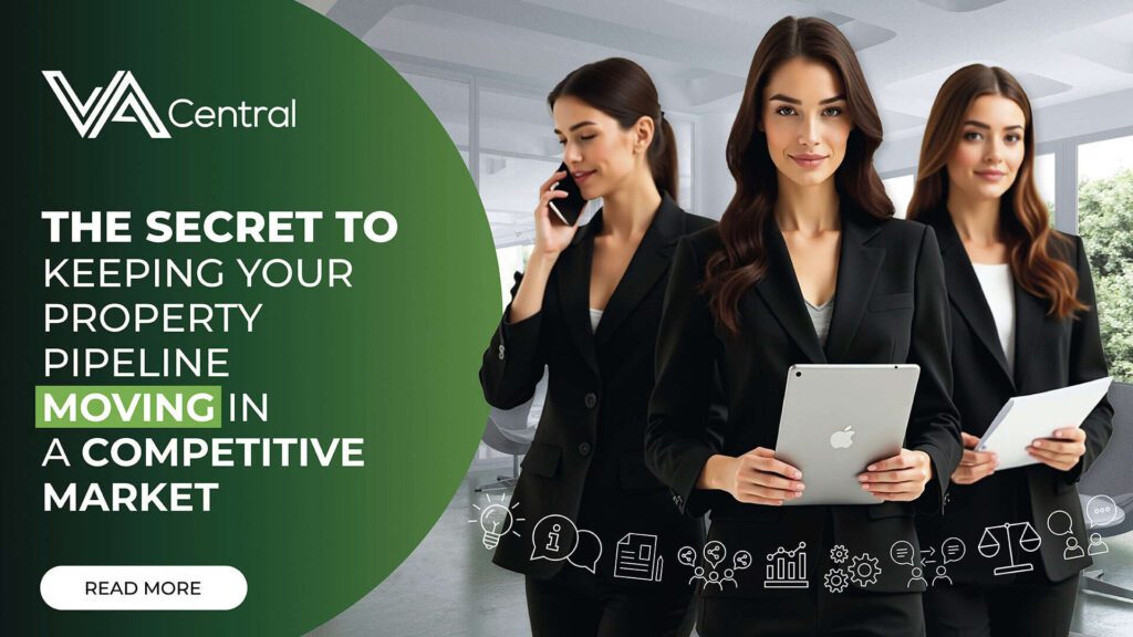 Three women in business attire with devices in VA Central property pipeline ad.