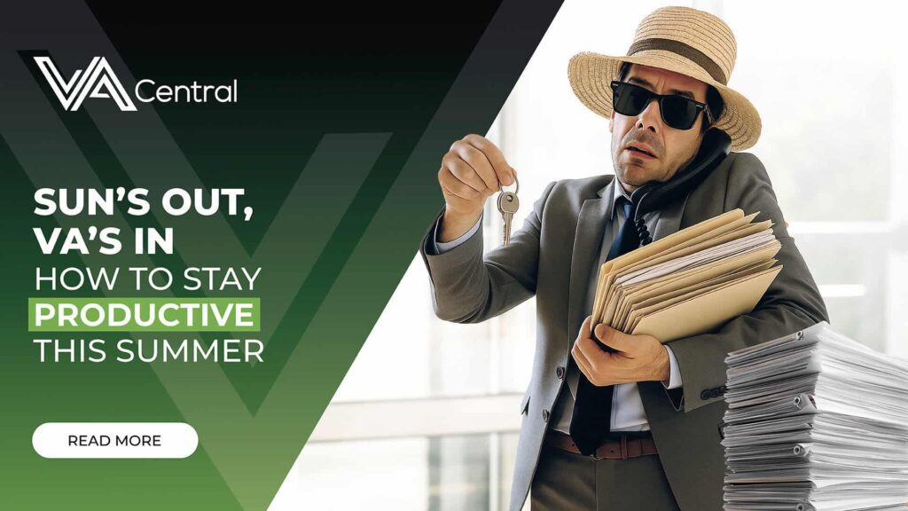 Man holding keys and folders in VA Central summer productivity campaign.