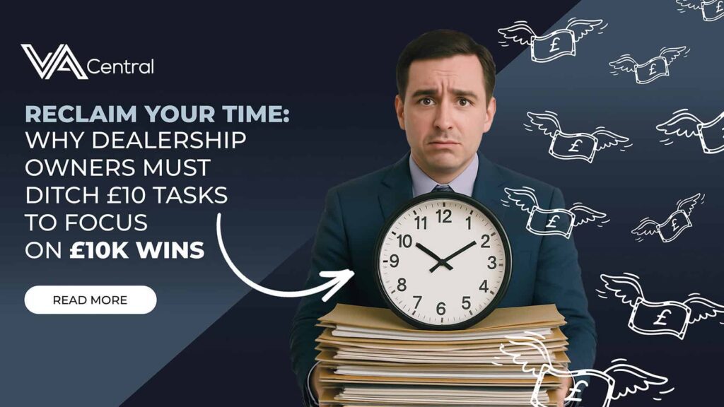 Man holding clock with large stack of folders in dealership with text overlay.